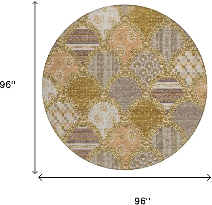 8' Walnut And Gold Round Geometric Washable Indoor Outdoor Area Rug Photo 5