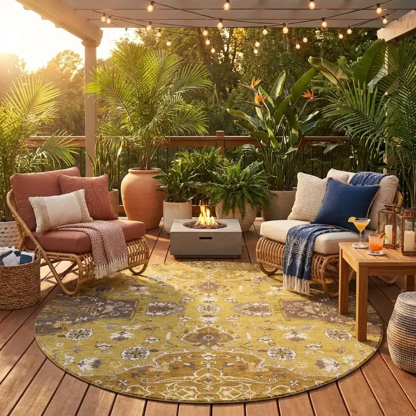 8' Walnut And Gold Round Oriental Washable Indoor Outdoor Area Rug Photo 1