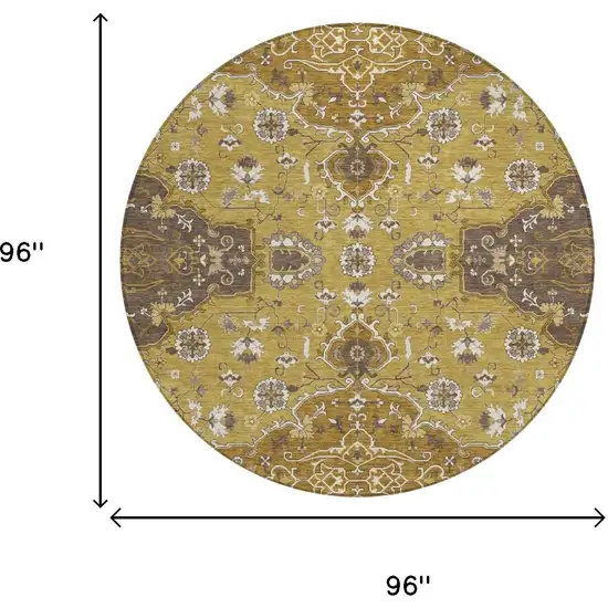 8' Walnut And Gold Round Oriental Washable Indoor Outdoor Area Rug Photo 5