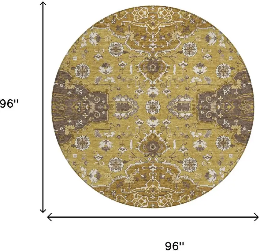 8' Walnut And Gold Round Oriental Washable Indoor Outdoor Area Rug Photo 5
