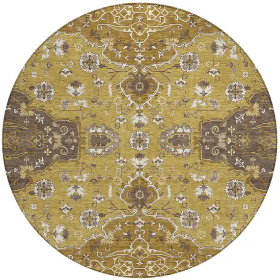 8' Walnut And Gold Round Oriental Washable Indoor Outdoor Area Rug Photo 2