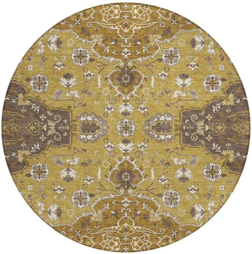 8' Walnut And Gold Round Oriental Washable Indoor Outdoor Area Rug Photo 2
