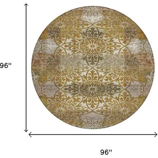8' Walnut And Gold Round Oriental Washable Indoor Outdoor Area Rug Photo 6
