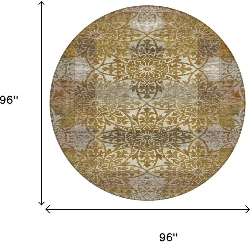 8' Walnut And Gold Round Oriental Washable Indoor Outdoor Area Rug Photo 6
