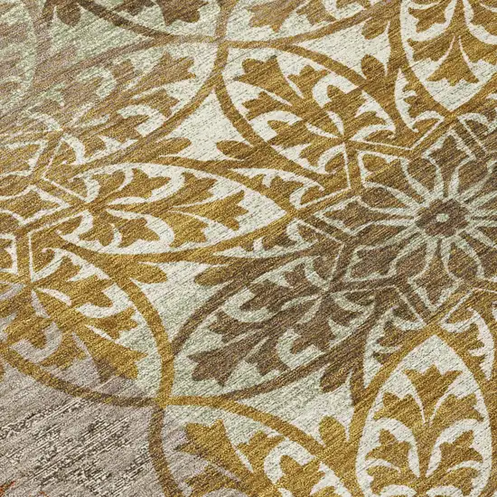 8' Walnut And Gold Round Oriental Washable Indoor Outdoor Area Rug Photo 5