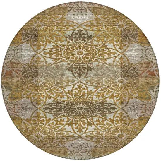 8' Walnut And Gold Round Oriental Washable Indoor Outdoor Area Rug Photo 2