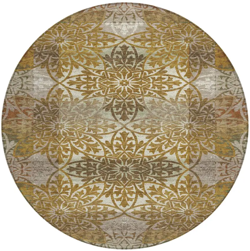 8' Walnut And Gold Round Oriental Washable Indoor Outdoor Area Rug Photo 2