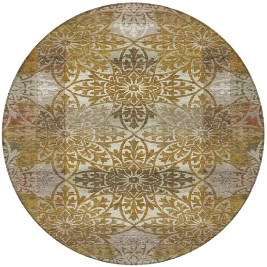 8' Walnut And Gold Round Oriental Washable Indoor Outdoor Area Rug Photo 3