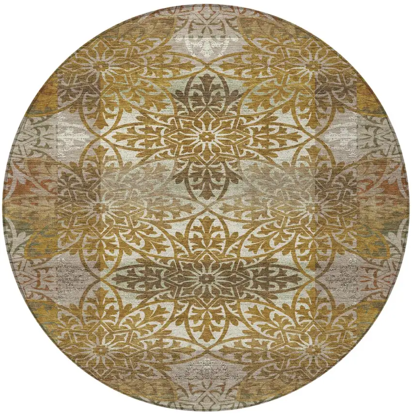 8' Walnut And Gold Round Oriental Washable Indoor Outdoor Area Rug Photo 3