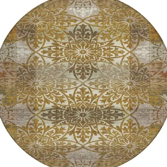 8' Walnut And Gold Round Oriental Washable Indoor Outdoor Area Rug Photo 1
