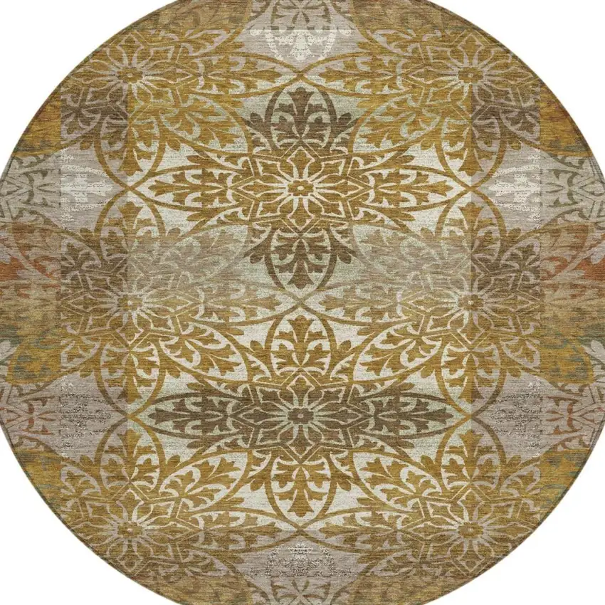 8' Walnut And Gold Round Oriental Washable Indoor Outdoor Area Rug Photo 1