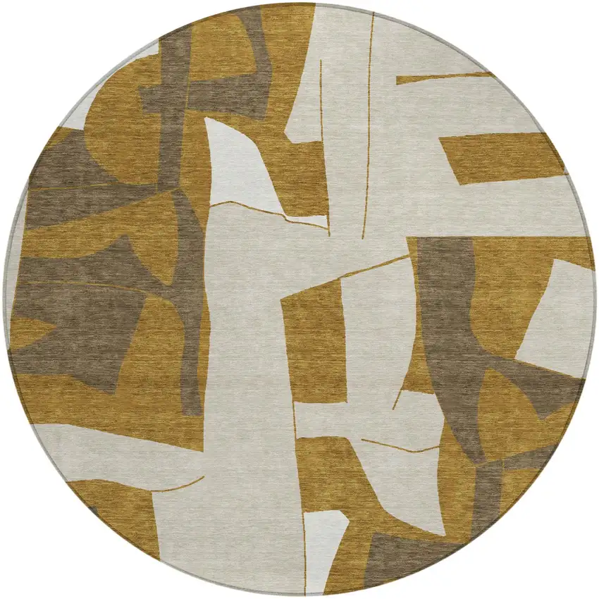 8' Walnut And Ivory Round Geometric Washable Indoor Outdoor Area Rug Photo 1