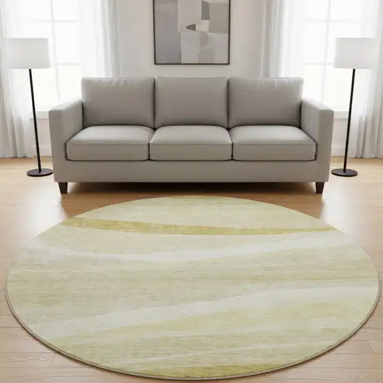 8' Wheat And Beige Abstract Washable Round Rug With UV Protection Photo 2