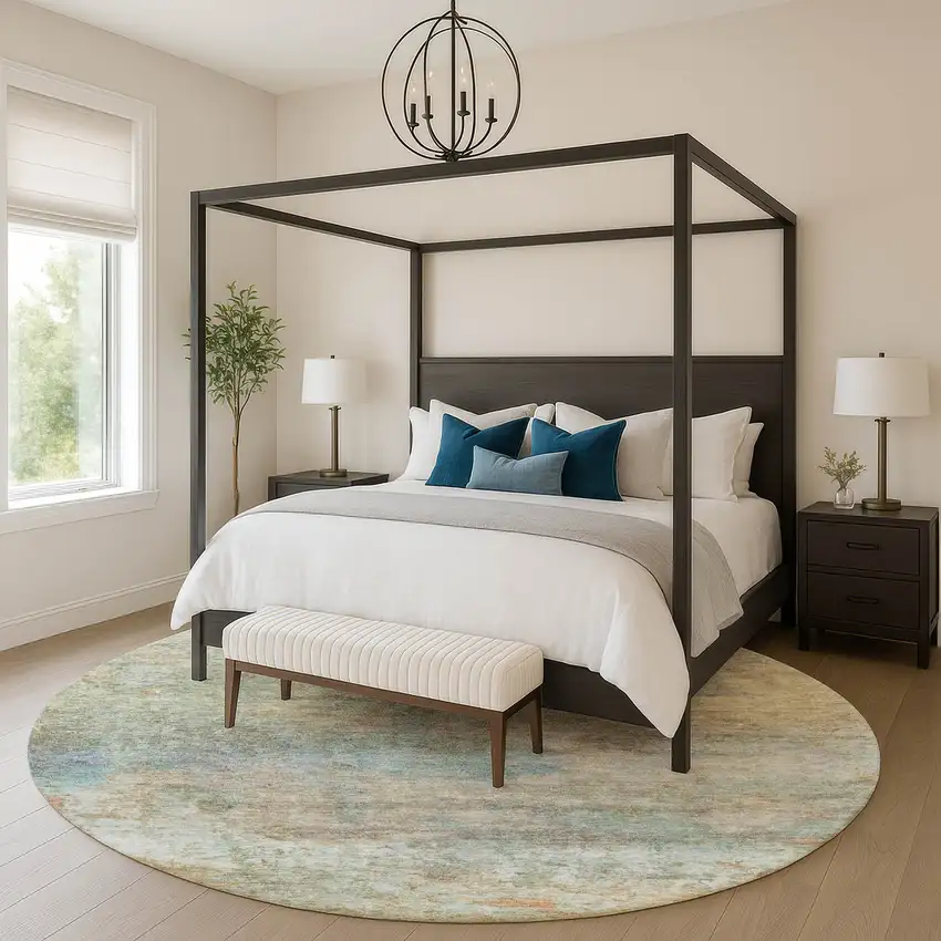 8' Wheat And Beige Abstract Washable Round Rug With UV Protection Photo 5