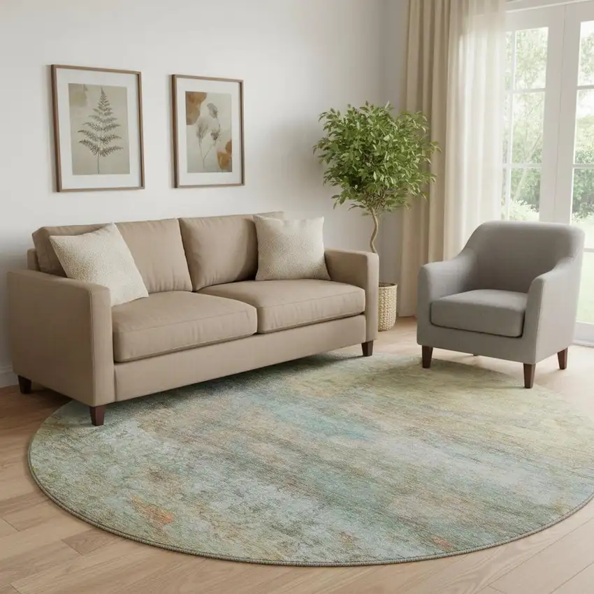 8' Wheat And Beige Abstract Washable Round Rug With UV Protection Photo 2