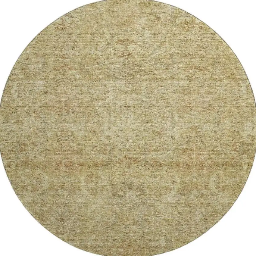 8' Wheat And Beige Damask Washable Round Rug With UV Protection Photo 3