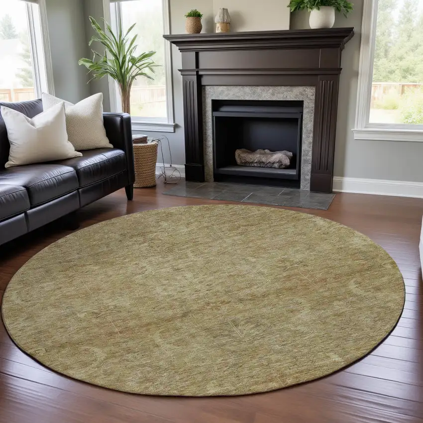 8' Wheat And Beige Damask Washable Round Rug With UV Protection Photo 4