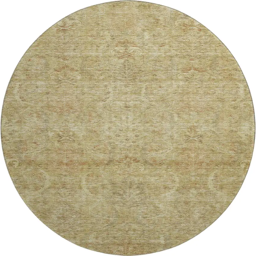 8' Wheat And Beige Damask Washable Round Rug With UV Protection Photo 1