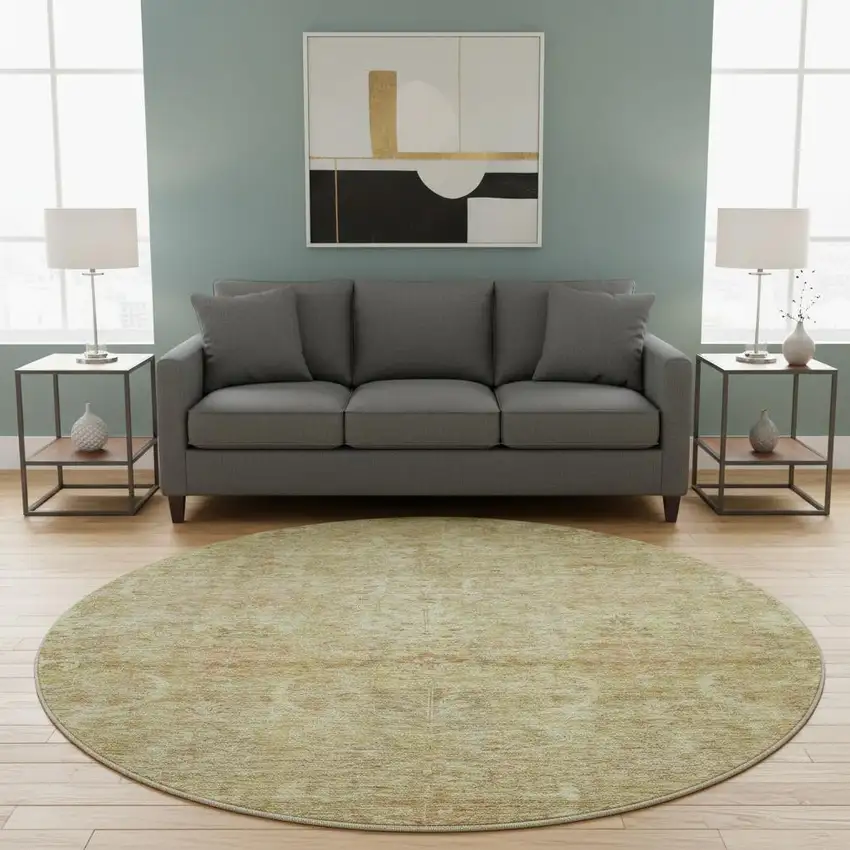 8' Wheat And Beige Damask Washable Round Rug With UV Protection Photo 1