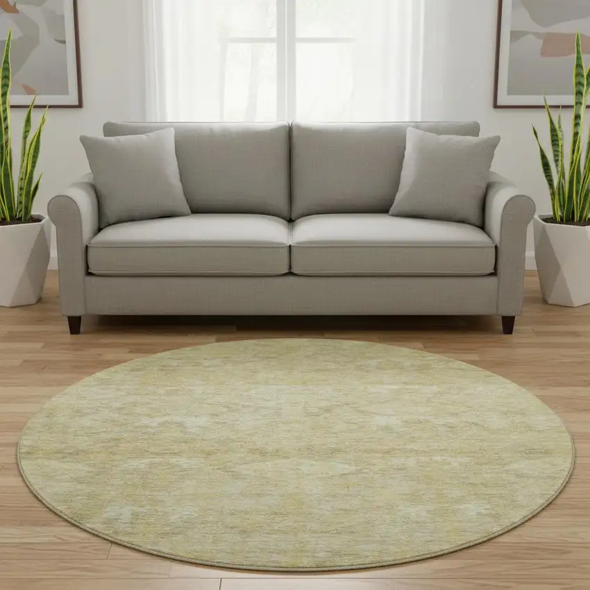 8' Wheat And Beige Damask Washable Round Rug With UV Protection Photo 2