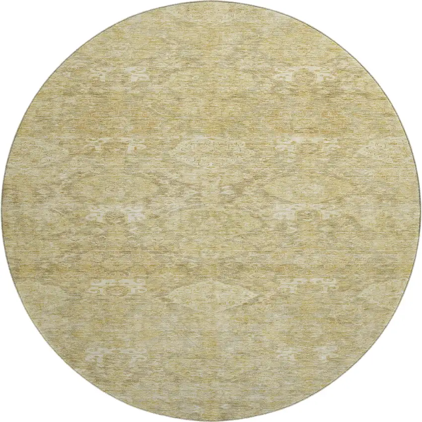 8' Wheat And Beige Damask Washable Round Rug With UV Protection Photo 1