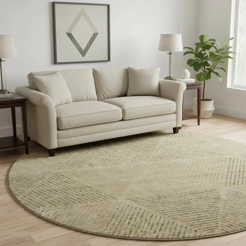 8' Wheat And Beige Geometric Washable Round Rug With UV Protection Photo 2
