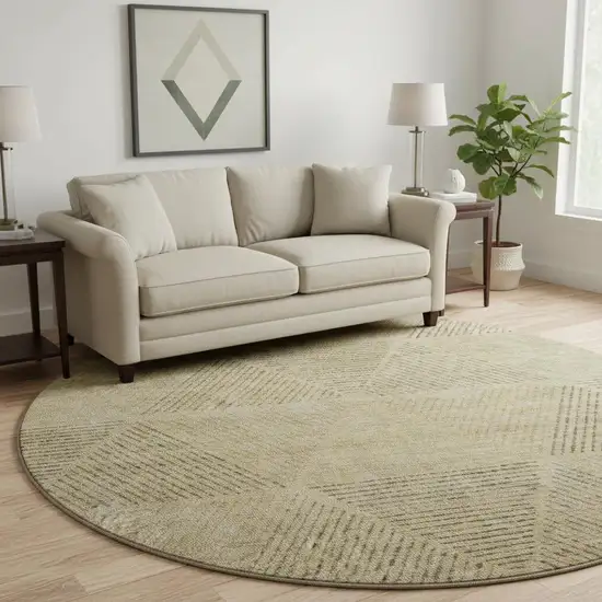 8' Wheat And Beige Geometric Washable Round Rug With UV Protection Photo 2