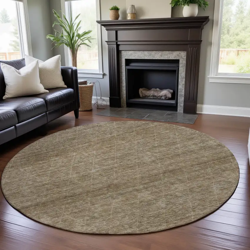 8' Wheat And Beige Geometric Washable Round Rug With UV Protection Photo 3