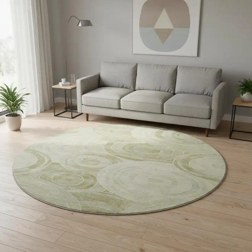 8' Wheat And Beige Geometric Washable Round Rug With UV Protection Photo 2