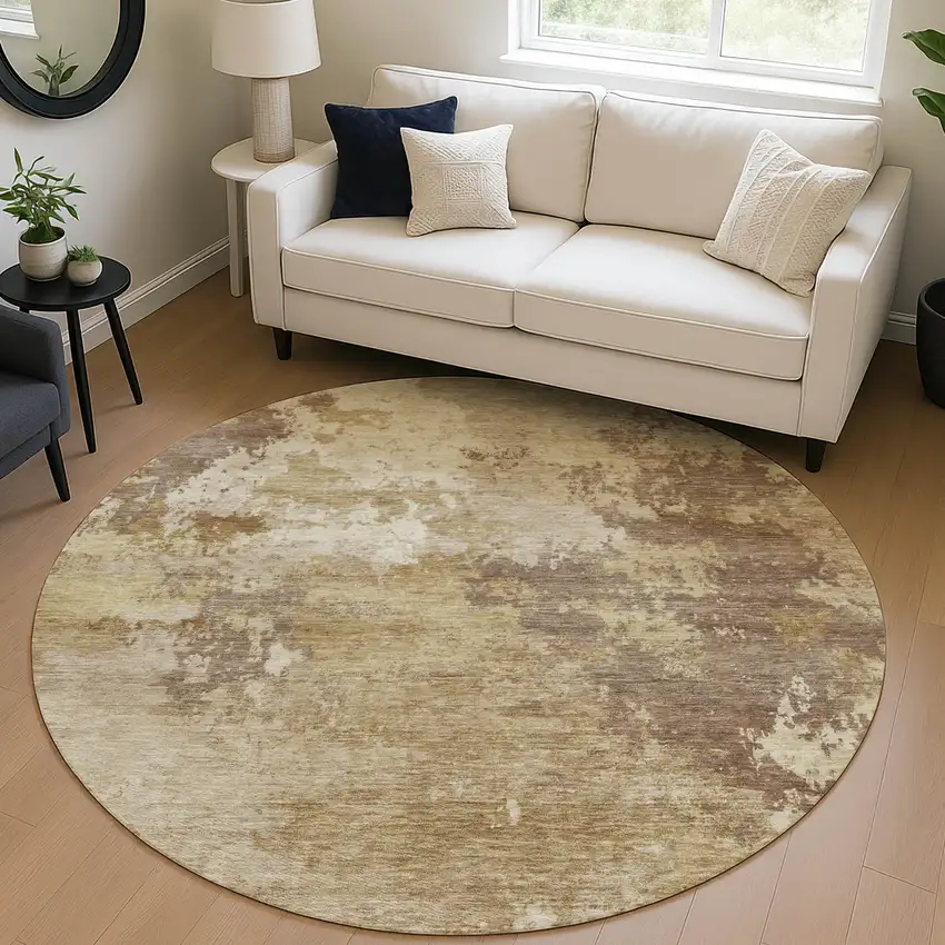 8' Wheat And Beige Round Abstract Washable Indoor Outdoor Area Rug Photo 4