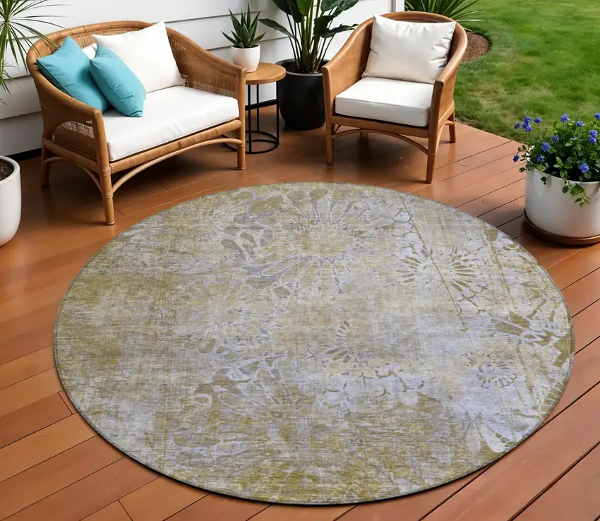 8' Wheat And Beige Round Floral Washable Indoor Outdoor Area Rug Photo 1