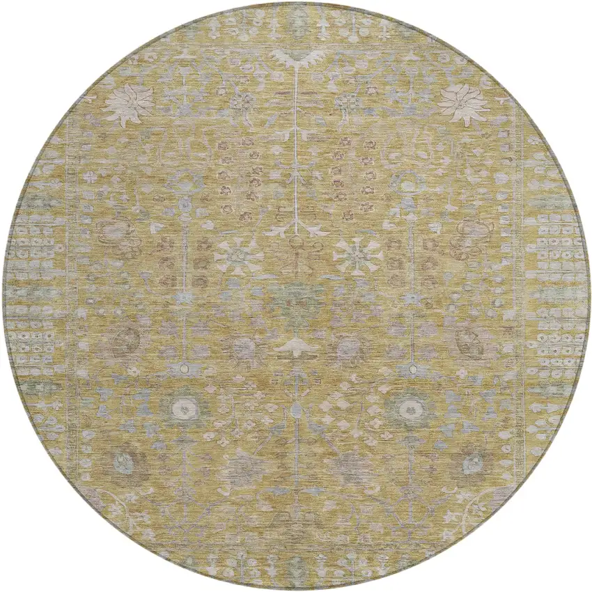 8' Wheat And Beige Round Floral Washable Indoor Outdoor Area Rug Photo 2