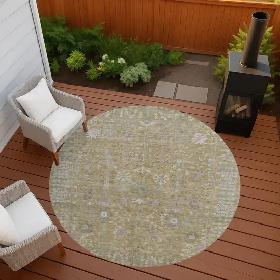 8' Wheat And Beige Round Floral Washable Indoor Outdoor Area Rug Photo 8