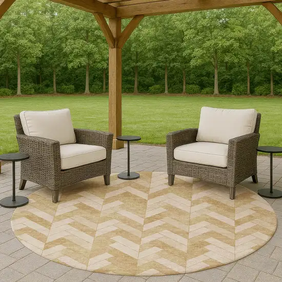 8' Wheat And Beige Round Geometric Washable Indoor Outdoor Area Rug Photo 8