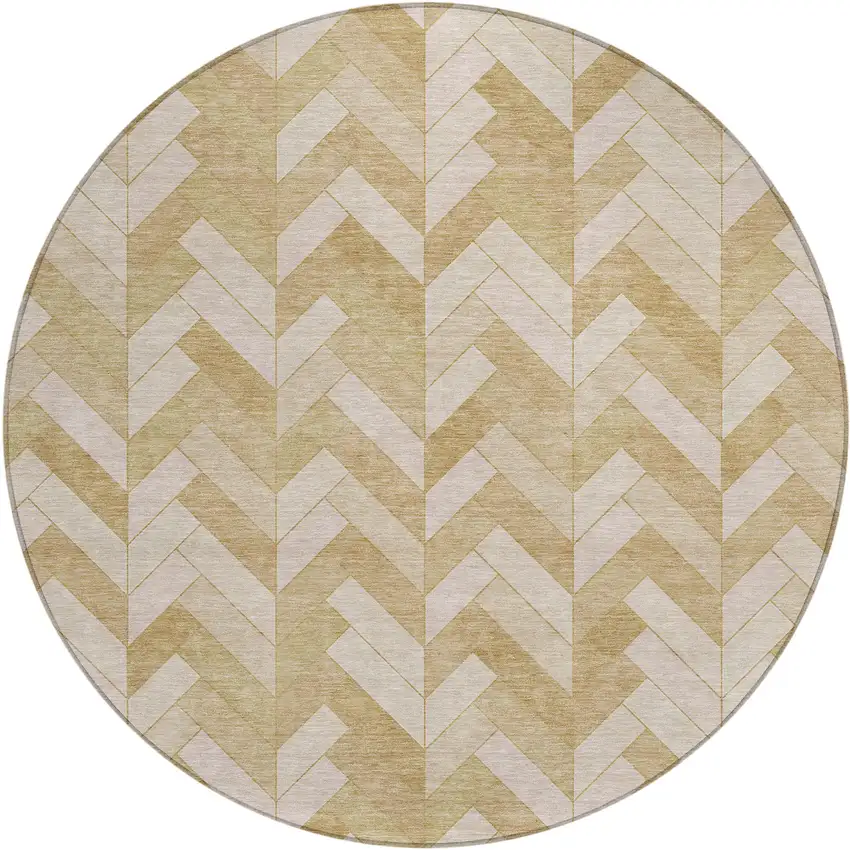 8' Wheat And Beige Round Geometric Washable Indoor Outdoor Area Rug Photo 2