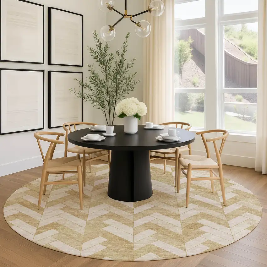 8' Wheat And Beige Round Geometric Washable Indoor Outdoor Area Rug Photo 9