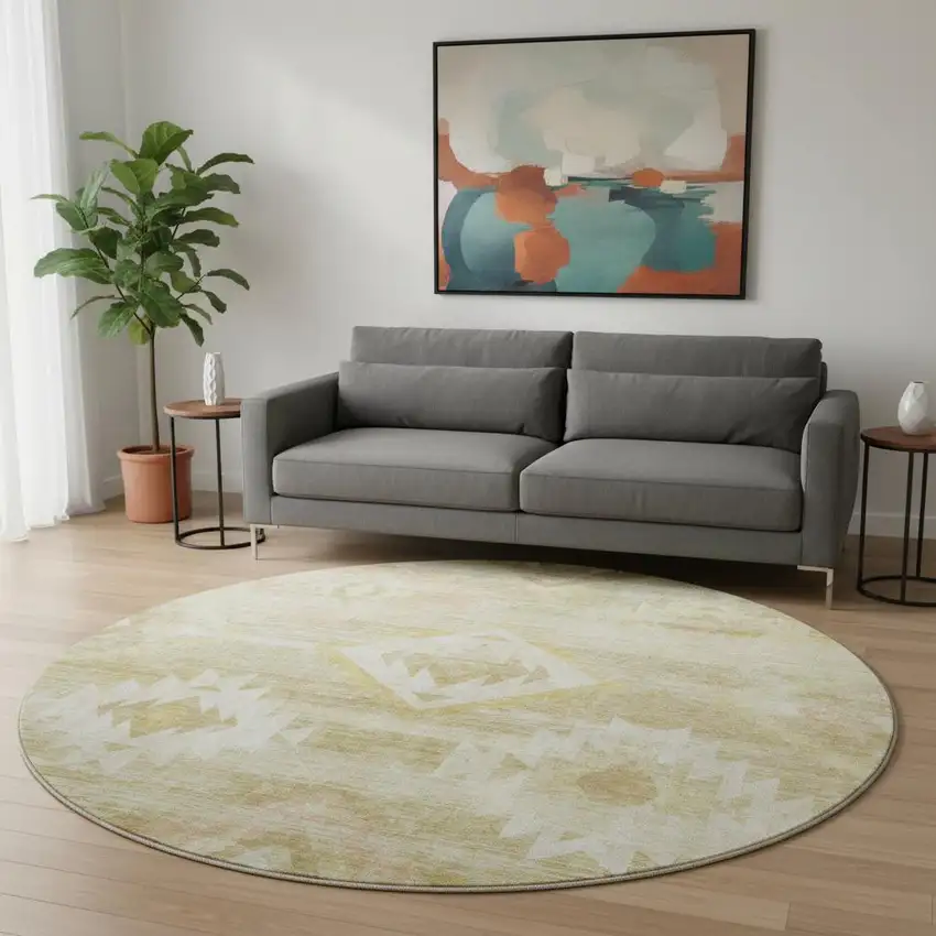 8' Wheat And Beige Southwestern Washable Round Rug With UV Protection Photo 2