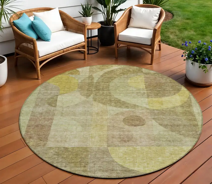 8' Wheat And Brown Round Abstract Washable Indoor Outdoor Area Rug Photo 1