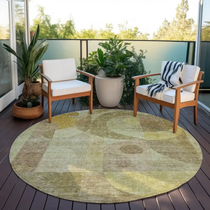 8' Wheat And Brown Round Abstract Washable Indoor Outdoor Area Rug Photo 7