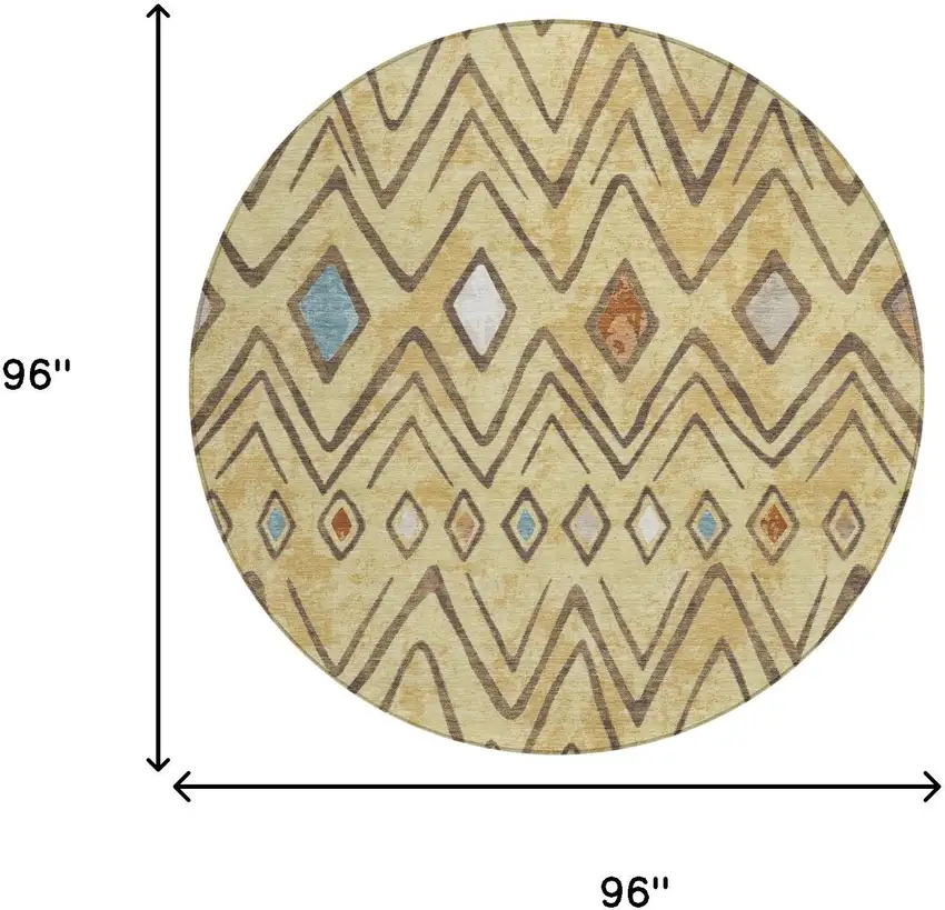 8' Wheat And Brown Round Geometric Washable Indoor Outdoor Area Rug Photo 7