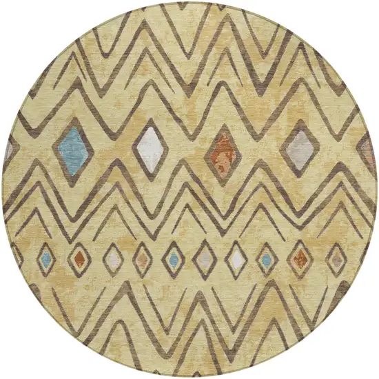 8' Wheat And Brown Round Geometric Washable Indoor Outdoor Area Rug Photo 2