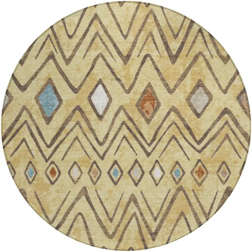 8' Wheat And Brown Round Geometric Washable Indoor Outdoor Area Rug Photo 2