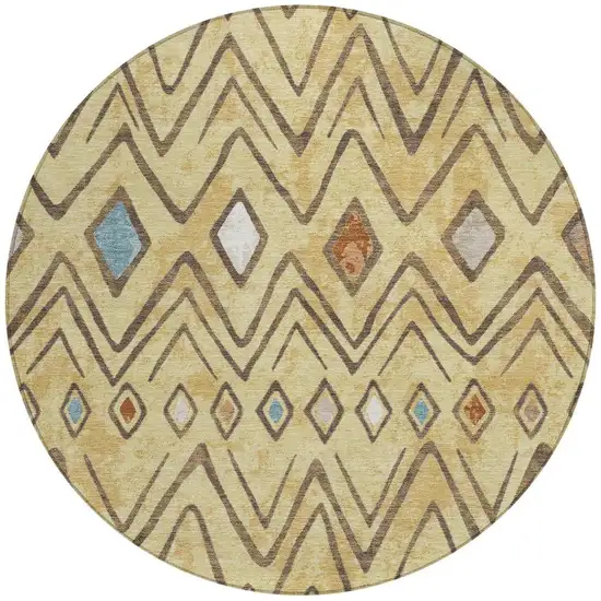 8' Wheat And Brown Round Geometric Washable Indoor Outdoor Area Rug Photo 4