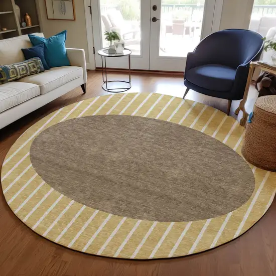 8' Wheat And Brown Round Striped Washable Indoor Outdoor Area Rug Photo 7