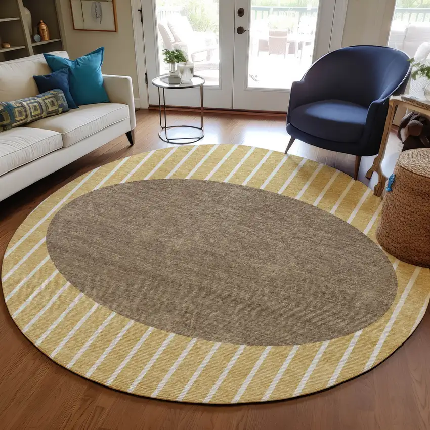8' Wheat And Brown Round Striped Washable Indoor Outdoor Area Rug Photo 7