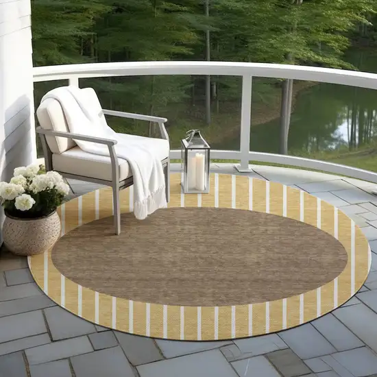 8' Wheat And Brown Round Striped Washable Indoor Outdoor Area Rug Photo 6