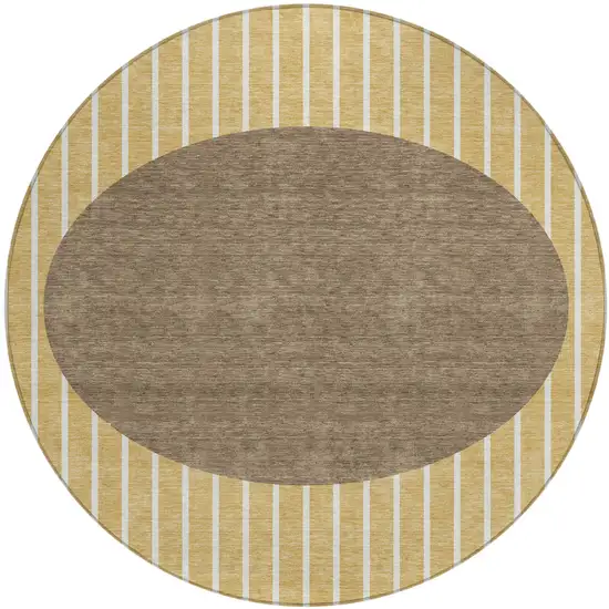 8' Wheat And Brown Round Striped Washable Indoor Outdoor Area Rug Photo 2