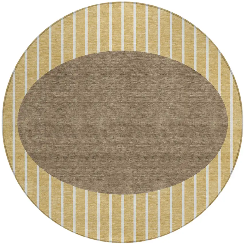 8' Wheat And Brown Round Striped Washable Indoor Outdoor Area Rug Photo 2