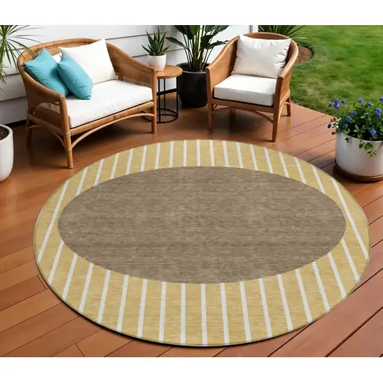 8' Wheat And Brown Round Striped Washable Indoor Outdoor Area Rug Photo 1