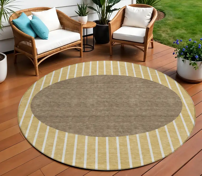 8' Wheat And Brown Round Striped Washable Indoor Outdoor Area Rug Photo 1